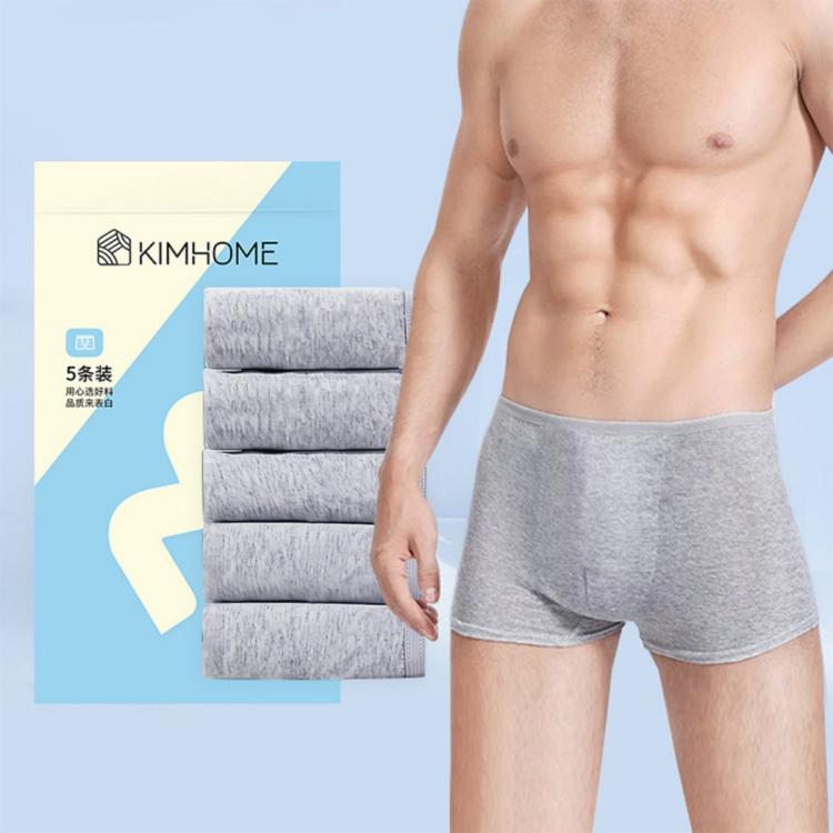 Gray men's disposable boxer briefs worn by model; stack of 5-pack shown