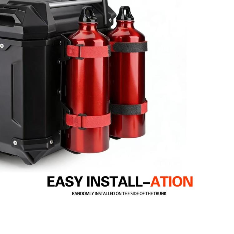 Side case fuel bottle mount holding two red fuel bottles with black straps