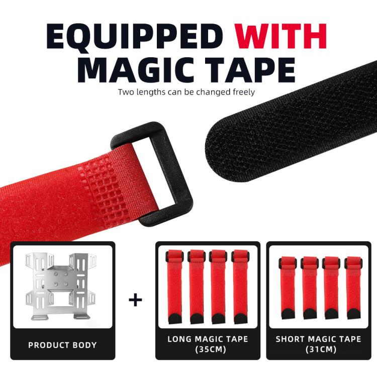 Fuel bottle mount with long and short red magic tape for secure strap attachment