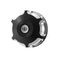 Black motorcycle handlebar end cap with circular center insert and chrome edges