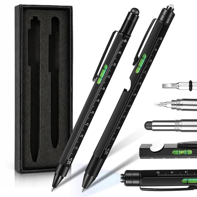 Multifunction metal ballpoint pen set with stylus and ruler, black pens in black gift box.