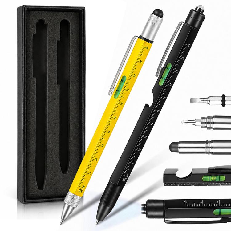 Multifunction metal pen set with stylus and ruler, yellow and black pens in gift box.