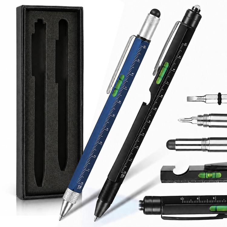 Multifunction metal pen set with stylus and ruler, blue and black pens in gift box.