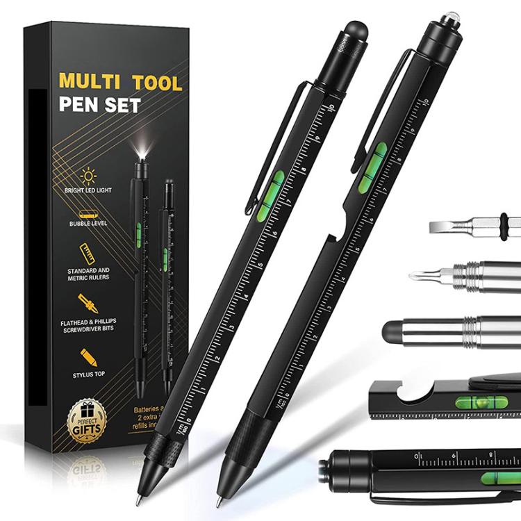 Multifunction metal pen set with built-in tools, black pens and tool box packaging.