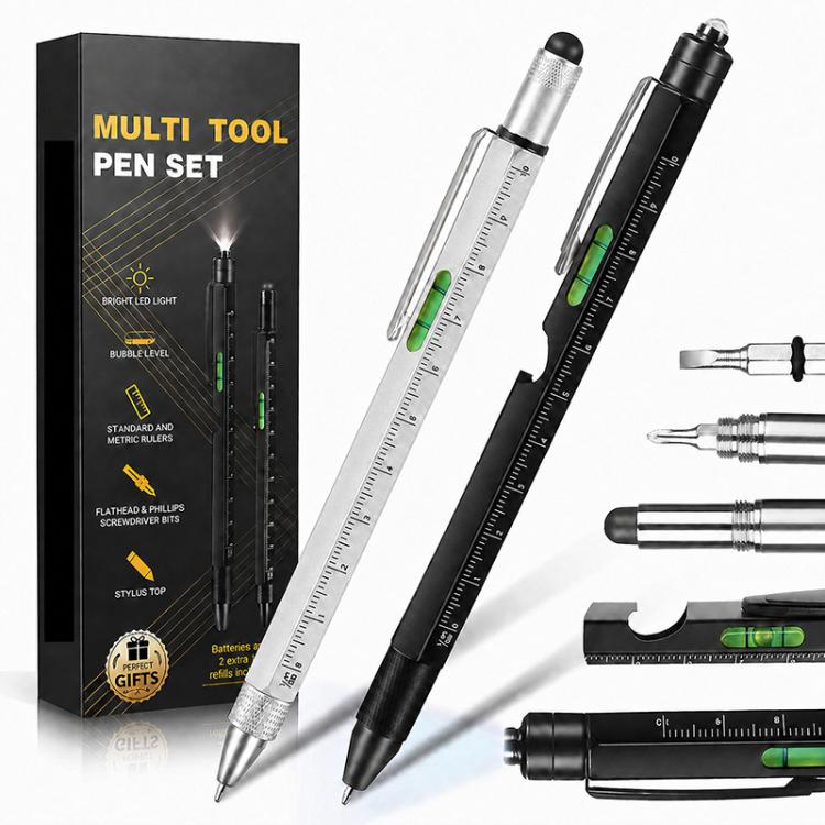 Multifunction metal pen set with built-in tools, clear and black pens on tool box.