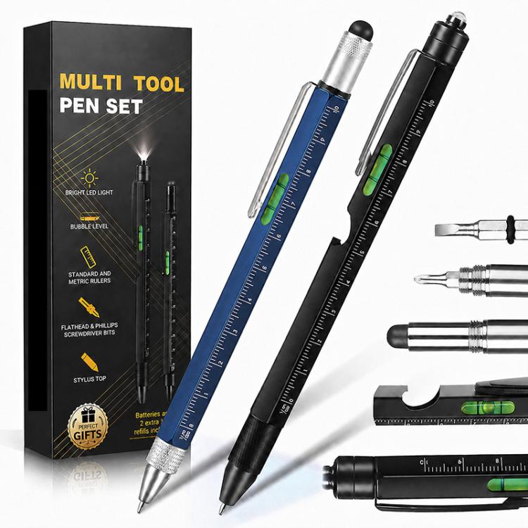 Multifunction metal pen set with built-in tools, blue and black pens on tool box.