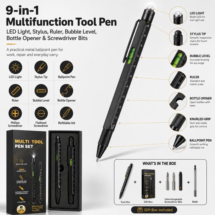9-in-1 multifunction tool pen with LED light, stylus, ruler, bottle opener, bubble level.