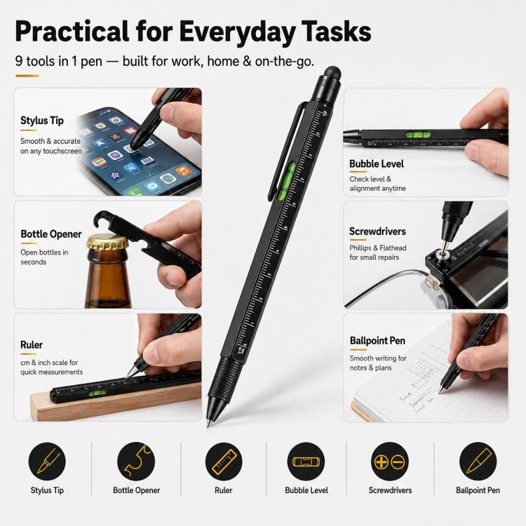 Multifunction tool pen for everyday tasks, with stylus tip, bottle opener, ruler, and light.