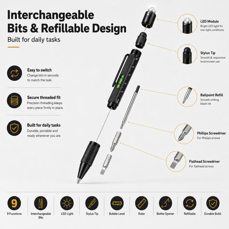 Multifunctional metal pen gift set with LED light, stylus, and bottle opener