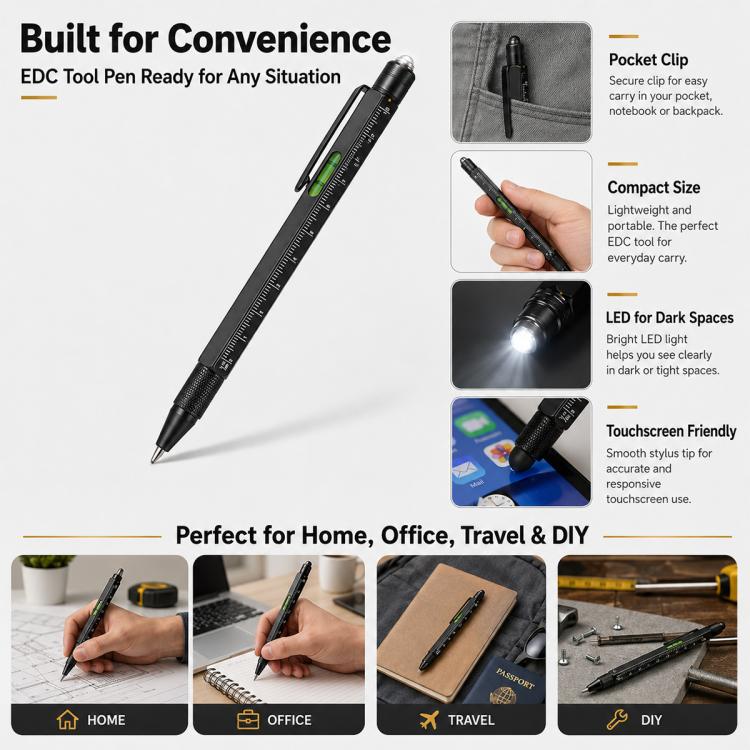 Multifunctional metal ballpoint pen with LED, ruler markings, and pocket clip