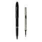 Matte black rollerball pen with metal screw cap, black grip, tapered tip.