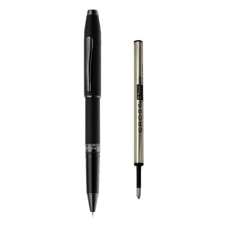 Matte black rollerball pen with metal screw cap, black grip, tapered tip.