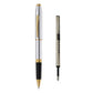 Gold and silver rollerball pen with metal screw cap and black grip, tapered tip.