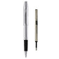 Silver rollerball pen with metal screw cap, black grip, tapered writing tip.
