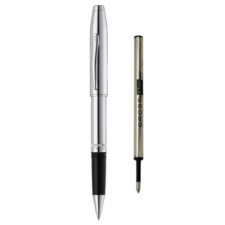 Silver rollerball pen with metal screw cap, black grip, tapered writing tip.