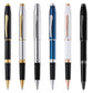 Six metal rollerball pens with screw caps in black, blue, silver, and gold.
