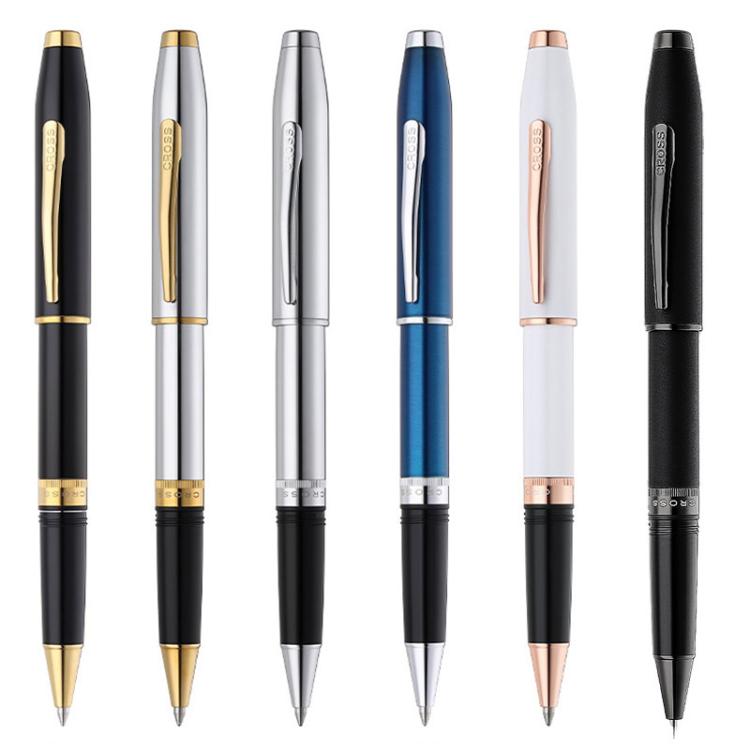 Six metal rollerball pens with screw caps in black, blue, silver, and gold.