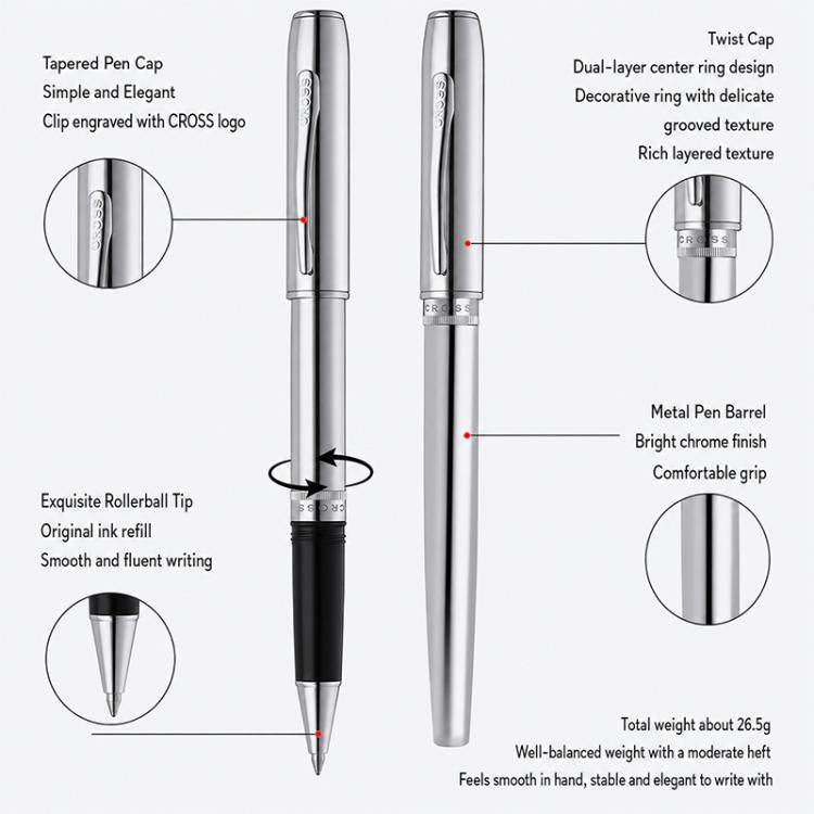 Silver rollerball pen with black grip and metal barrel, capped and showing tip.