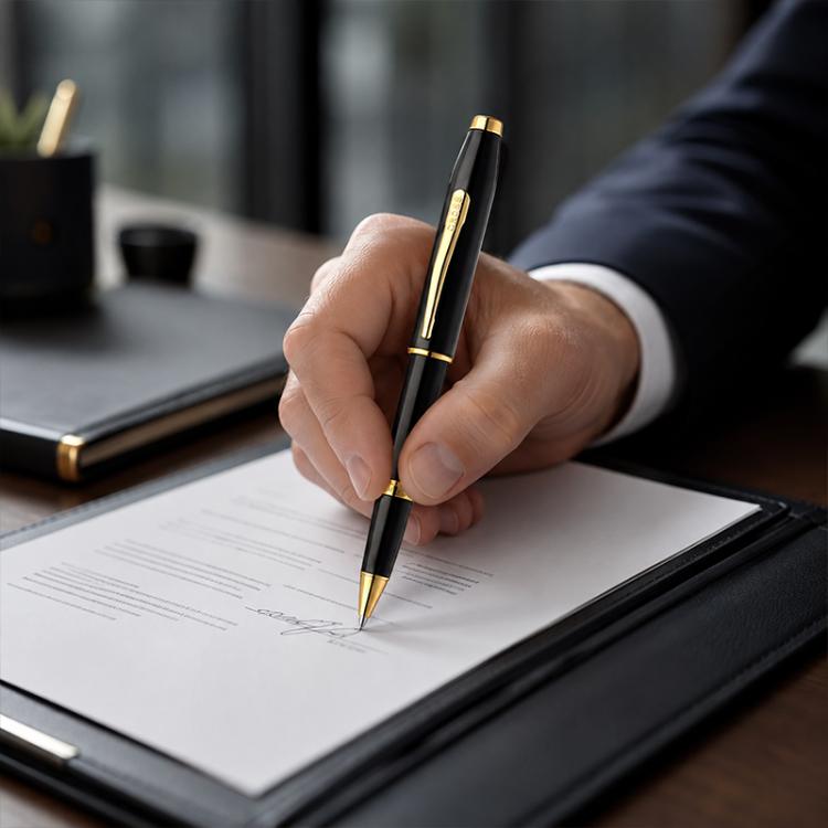 Hand writing with a black rollerball pen with gold accents and tapered tip.