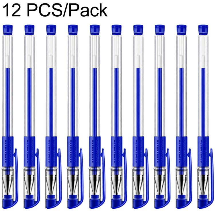 Set of 12 blue gel pens with transparent barrels, bullet tips, and rubber grip