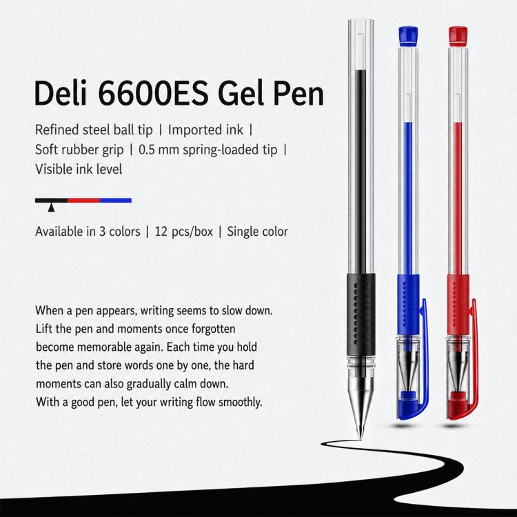 Deli gel pen with transparent barrel, black rubber grip, and bullet tip