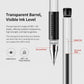 Transparent-barrel gel pen showing sealed ink, with black rubber grip and bullet tip