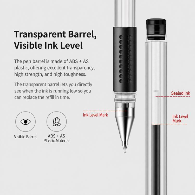 Transparent-barrel gel pen showing sealed ink, with black rubber grip and bullet tip