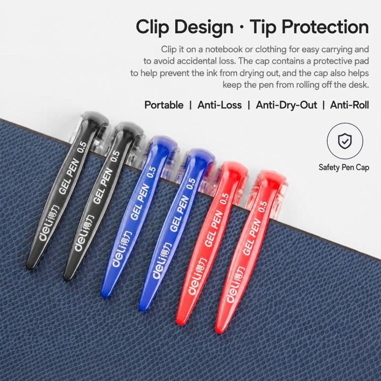 Clip-on gel pens set in black, blue, and red with bullet tips and protective caps