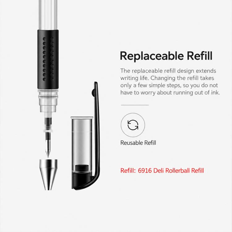 Deli gel pen with 0.5mm bullet tip and replaceable refill, black barrel