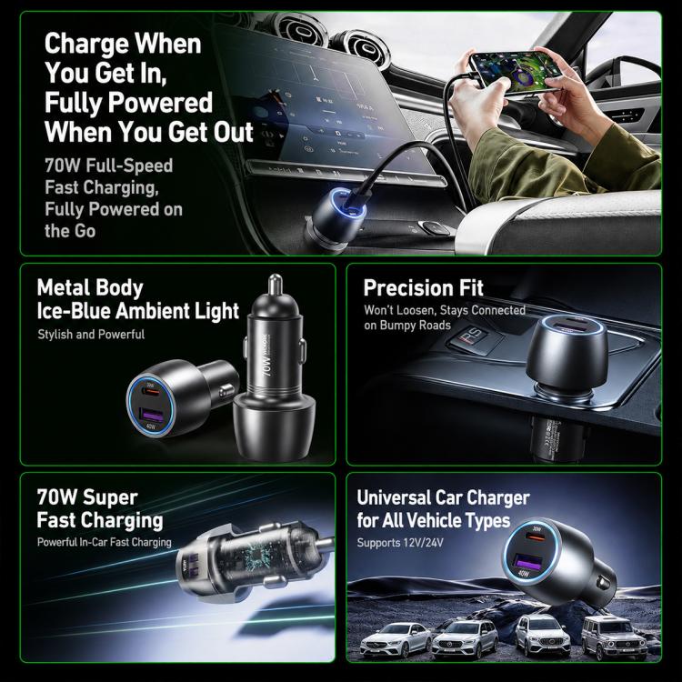 WK WP-C66 K-Captain Glowray 70W USB, Type-C Fast Car Charger, WP-C66