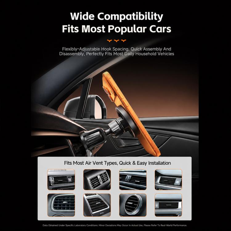 Magnetic car air vent phone mount with adjustable clip holding a phone on a vent