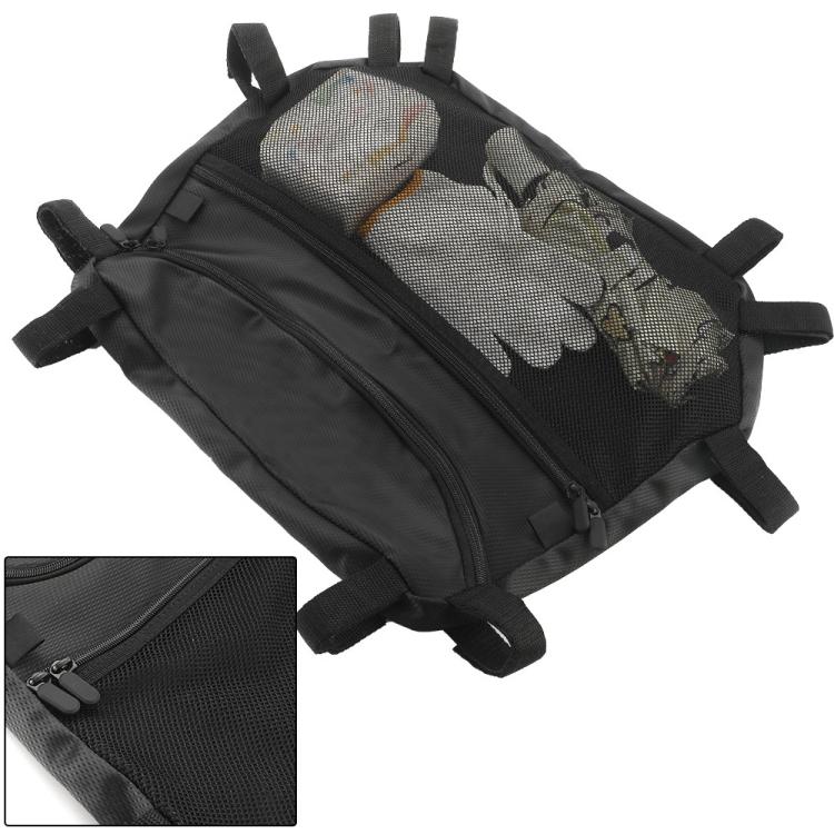 Black nylon ATV storage bag with front zipper pocket and mesh panel window detail