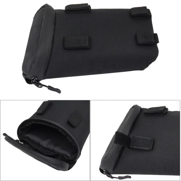 Black dust-proof tool bag with front strap and zip opening showing interior