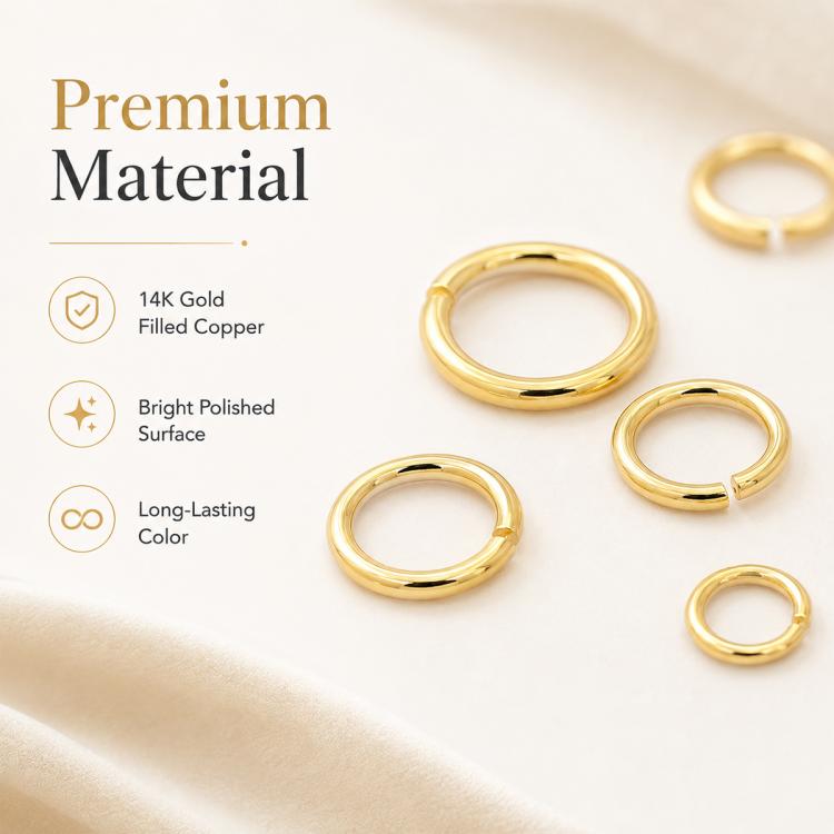 Gold open jump rings, assorted sizes in a small set for jewelry making