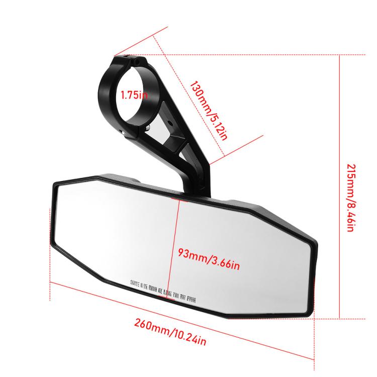 UTV center rear view mirror with mounting bracket, shown with size measurement diagram