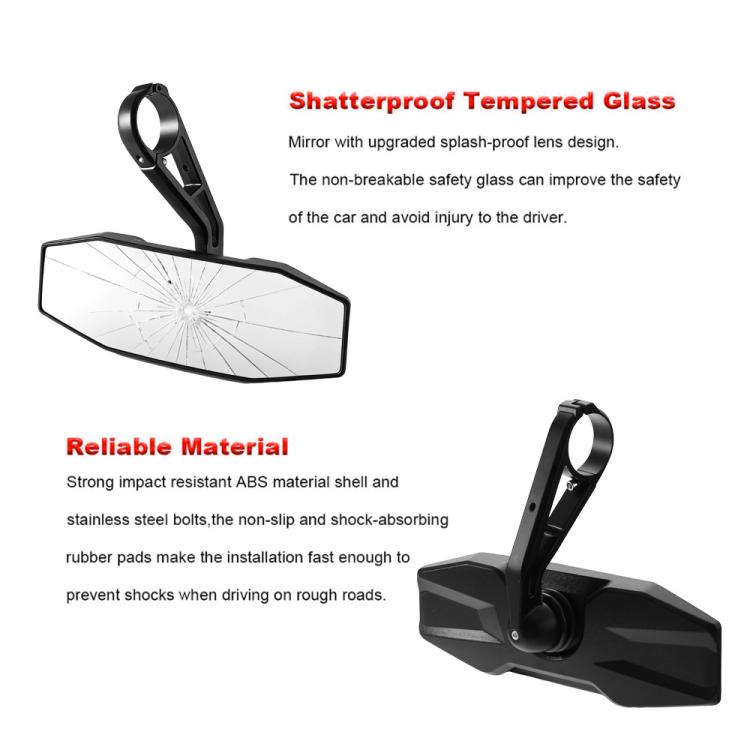 UTV rear view mirror with shatterproof glass, black ABS base, and rubber anti-vibration pads