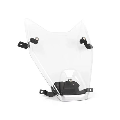 Transparent motorcycle headlight protection cover with black mounting brackets