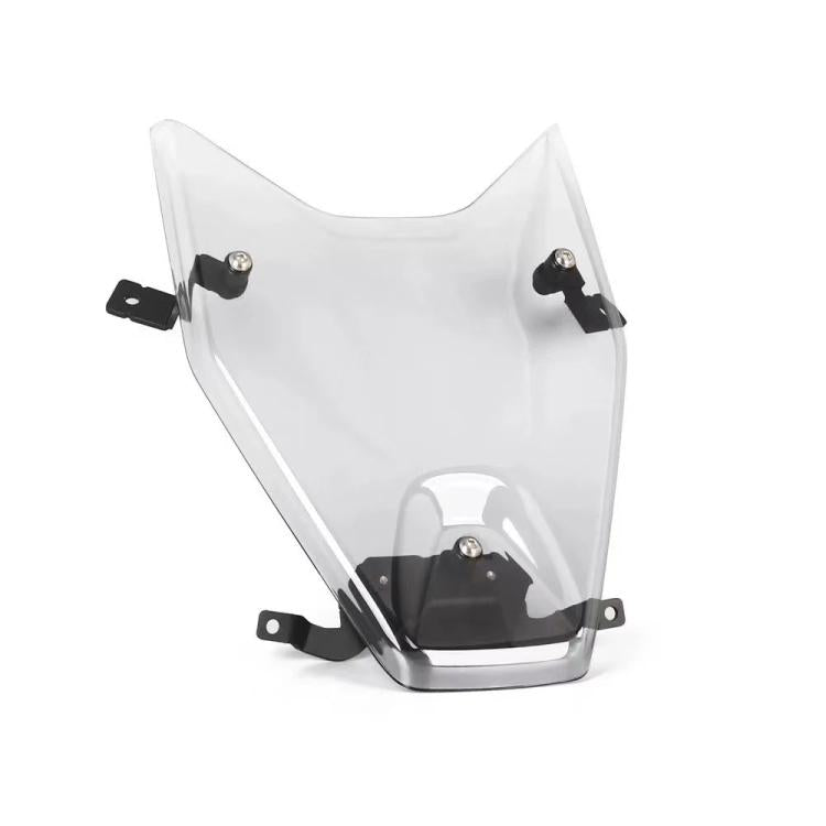 Transparent motorcycle headlight protection cover with black bracket mounts, angled