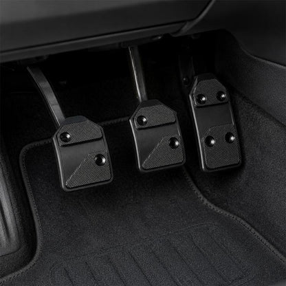 Set of 3 black aluminum pedal covers with textured grip and mounting holes