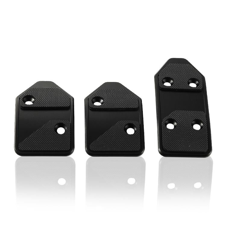 Set of 3 black aluminum pedal covers, textured surface, matching mounting holes