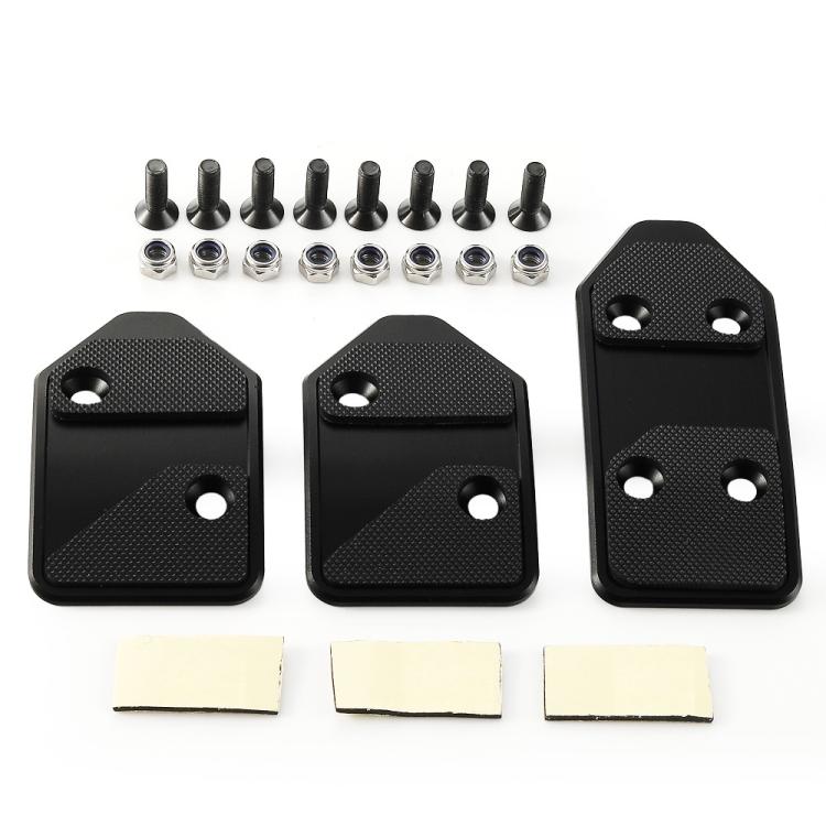 Set of 3 black aluminum pedal covers with included screws and textured grips