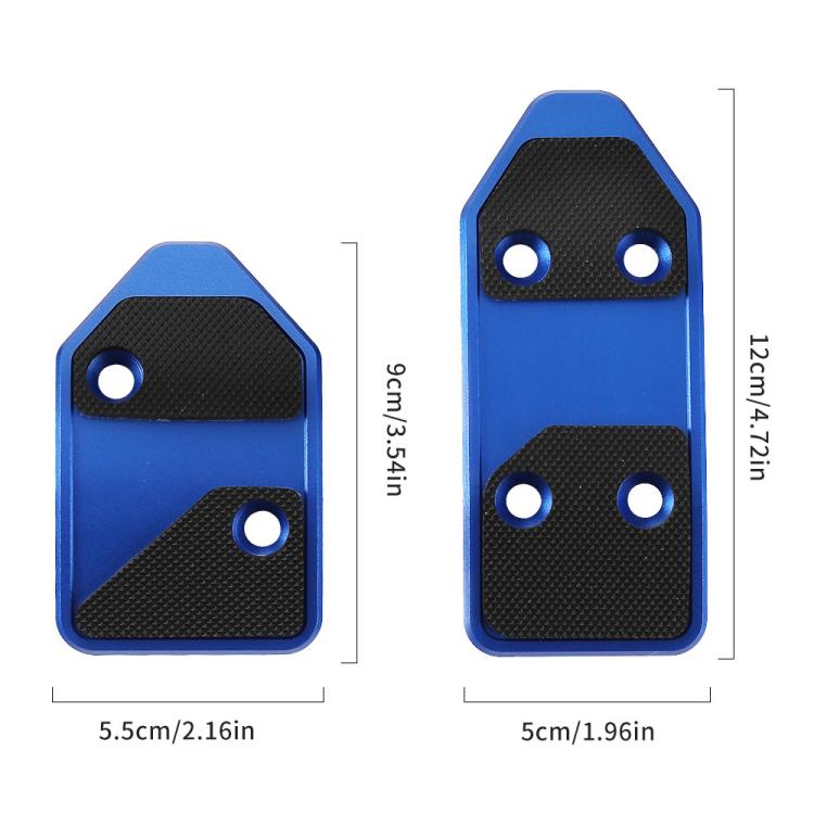 Two blue aluminum pedal cover sizes with textured grip and four-hole mount