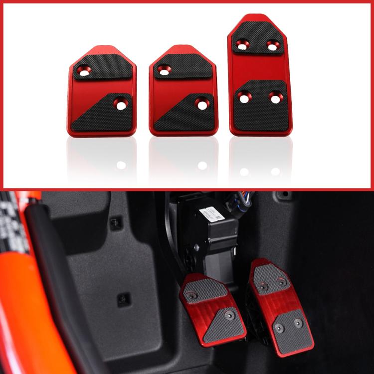 Set of 3 red aluminum pedal covers with textured grip and bolt-hole openings
