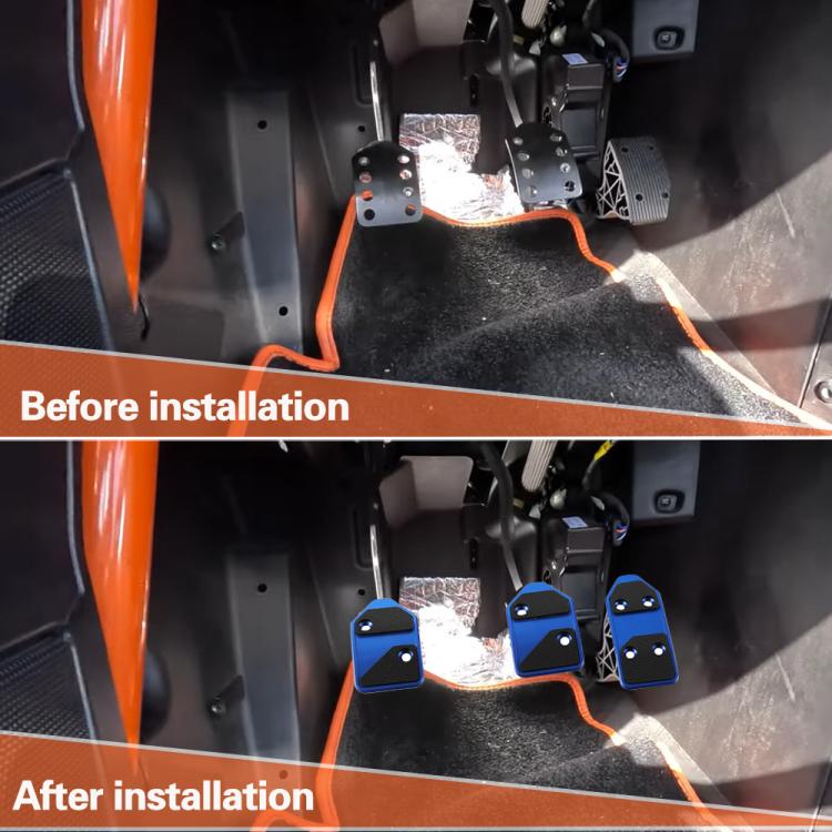 Three blue aluminum pedal covers installed on vehicle footwell area