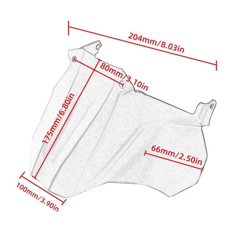 Motorcycle rear hugger wheel fender size diagram with labeled measurements