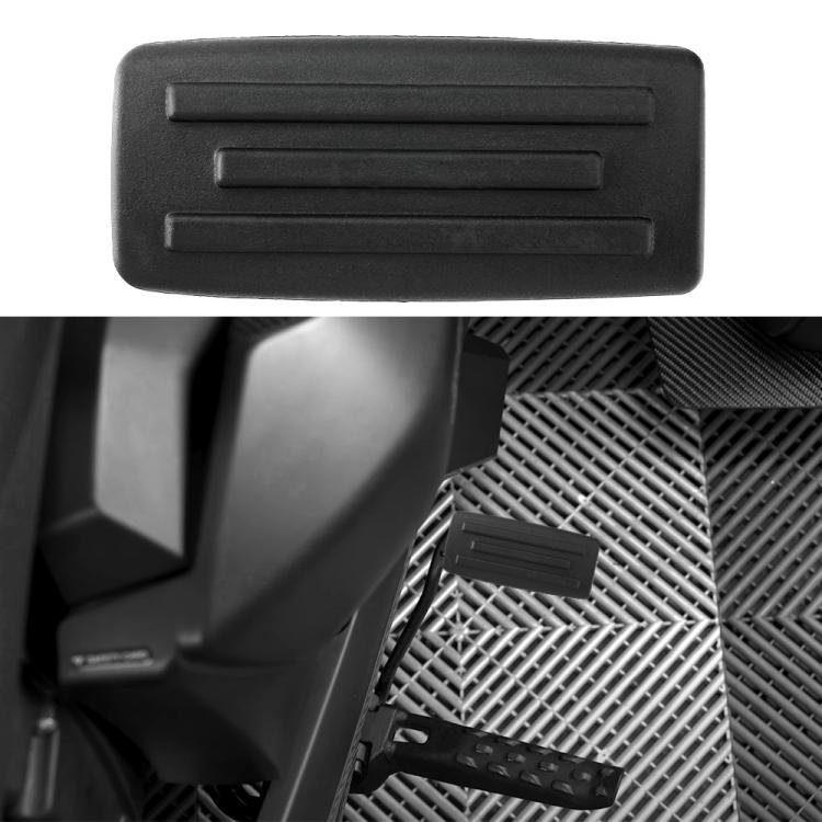 Extended brake foot rest pedal, black rubber with ridged grip and rectangular shape.
