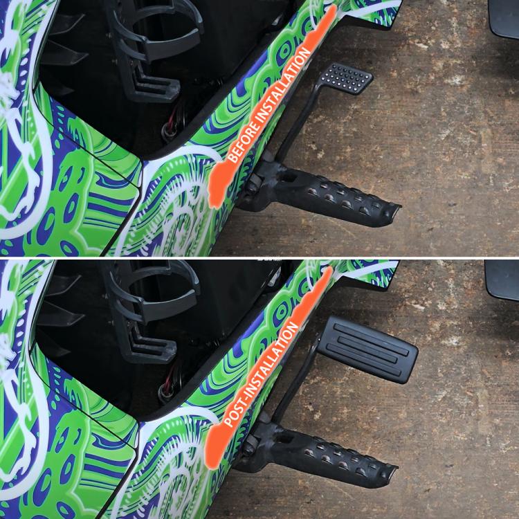 Extended brake foot rest pedal installed on Ryker, black ridged pad.