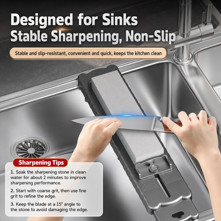 Sink bridge whetstone holder with knife sharpening stone on an anti-slip base