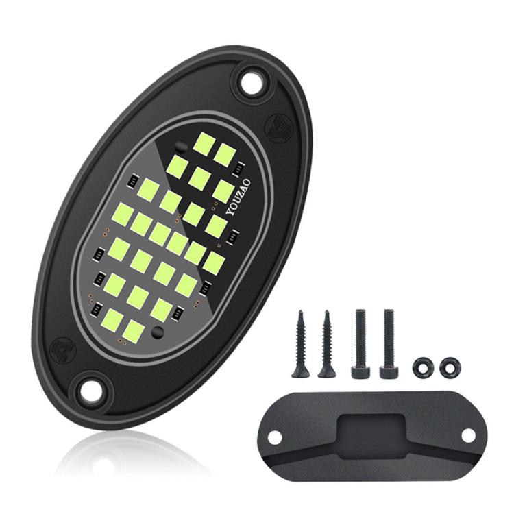 Waterproof LED rock light kit with oval module, screws, and mounting bracket