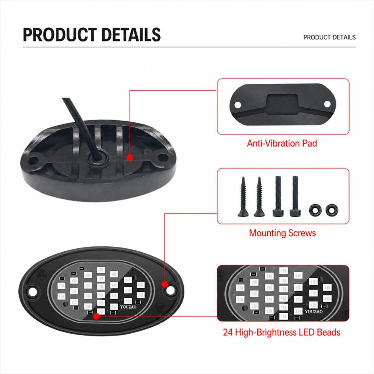 LED rock light diagram showing anti-vibration pad, mounting screws, and LED beads